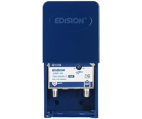 EDISION AMP-10 Amplificador Antena TV de mástil 1UHF, 10-25db Ajustable, 107dBmV, 24V, para Digitale Terrestre DVB-T/T2, Frecuencias UHF 470-694Mhz, con Filtro 5G LTE