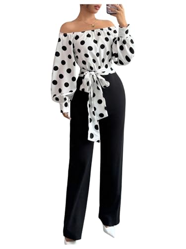WDIRARA Women's Polka Dots Off Shoulder Bishop Long Sleeve Belted Jumpsuit Black and White Medium