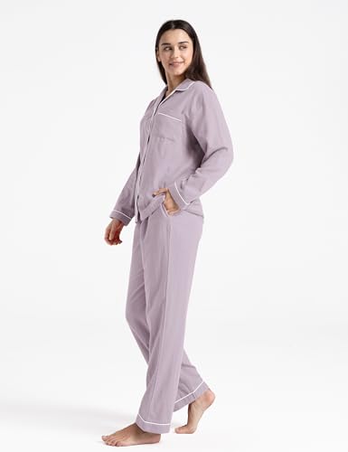 Image of Womens Muslin Pajama Set 100% Cotton Double Gauze Linen Like | Breathable Soft Comfort Button Up Loungewear Sleepwear PJ Set