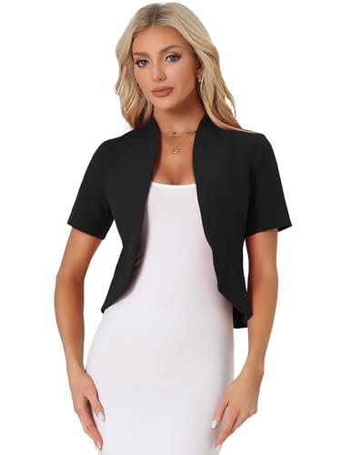 Allegra K Casual Business Cropped Blazer for Women's Short Sleeve Collarless Open Front Cardigan Work Jacket Shrug