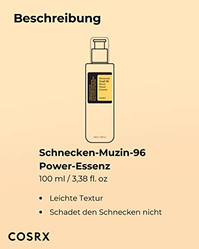 COSRX fortschrittliche Schnecken-Muzin-96-Power-Essenz 100 ml fl. oz | Schneckensekret-Filtrat 96 % | Hautreparaturserum | CPNP, Koreanische Hautpflege, ohne Tierquälerei, ohne Parabene, ohne Alkohol