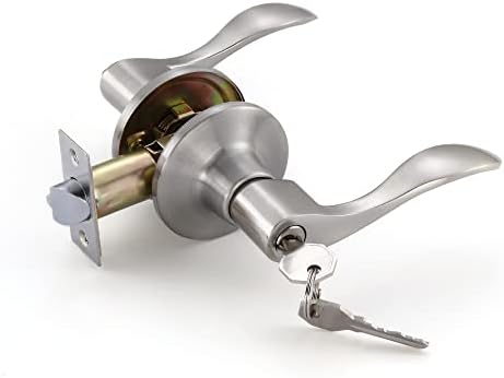 Millgoing Door Lever Handle with Satin Nickel Finish, 1 Pack Contemporary Privacy Front Entry for Right & Left with Lock, Wavy Modern Slim Handles for Home Closet, and Bathroom