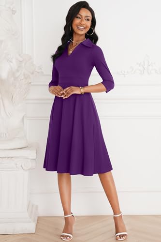 Image of Nmoder Casual Dresses for Women Semi Formal Fit and Flare 3 /4 Sleeve V Neck Cocktail Church Midi Dress with Pockets