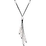 Long Freshwater Cultured Pearl Necklace with Pendant on Leather Cord Y-shaped Boho Necklace for Women 23.6