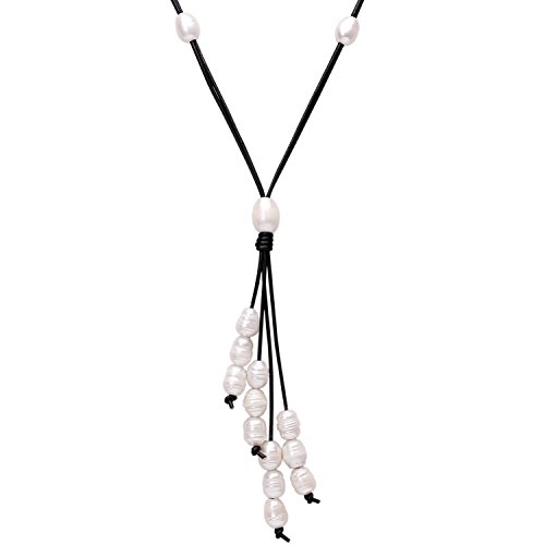 Long Freshwater Cultured Pearl Necklace with Pendant on Leather Cord Y-shaped Boho Necklace for Women 23.6