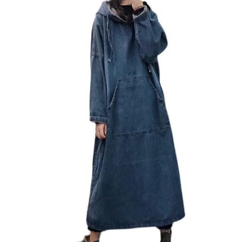 Chnnamzu Jeanskleid Lang Damen GroßE GrößEn Retro Kleid Straße Lose Größe Kleid Denim Kleid Mit Kapuze Langarm Kleid Casual Vielseitiges Kleid