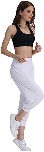 Hoerev Women Super Soft Modal Spandex Harem Yoga Pilates Capri Pants Lounge Pant,White,X-Large #TOP1