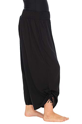 Back From Bali Womens Boho Wide Leg Loose Pants Cropped Rayon Summer Beach Pants Smocked Waist Black3