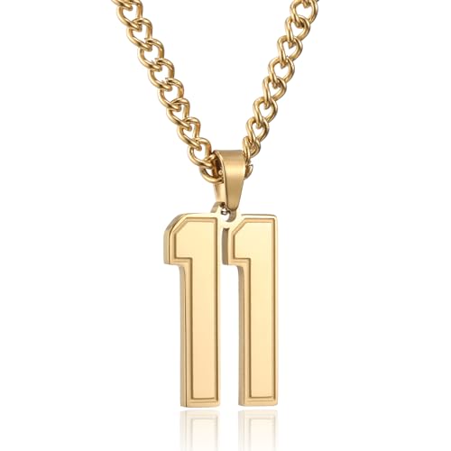 RWQIAN Number Necklaces for Men Boys Athletes,Stainless Steel Chain with Jersey Number 11 Pendant for Men,Gold Plated Athletic Sports Jewelry Basketball Football Baseball Charm Gifts