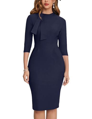 Image of MUXXN Women's Midi Pencil 1950s Vintage Cocktail 3 /4 Sleeve Tie Neck Bodycon Mid-Calf Dress with Pockets