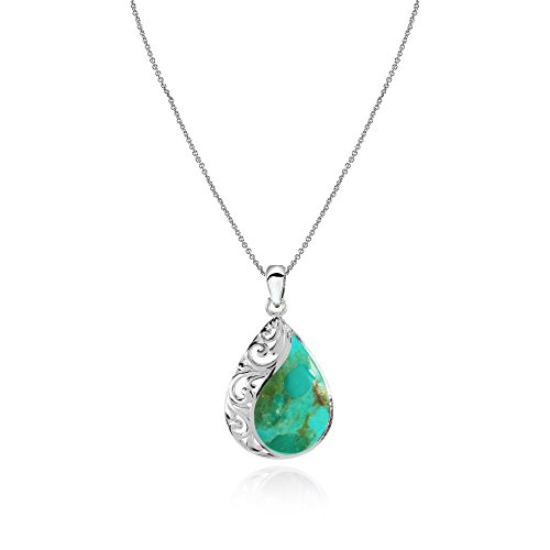 GemStar USA Sterling Silver Simulated Turquoise Filigree Teardrop Pendant Necklace