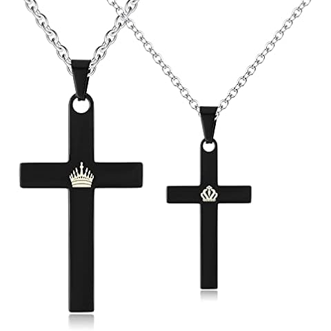 SunnyHouse Jewelry His & Hers Matching Set King Queen Cross Couple Pendant Necklace Korean Love Style with a Lucky Bean (A Pair) Cover