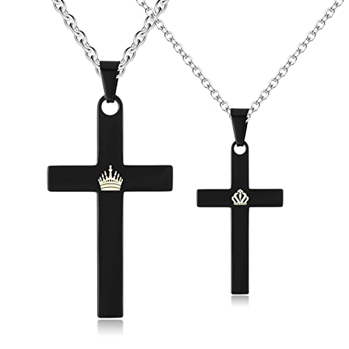 SunnyHouse Jewelry His & Hers Matching Set King Queen Cross Couple Pendant Necklace Korean Love Style with a Lucky Bean