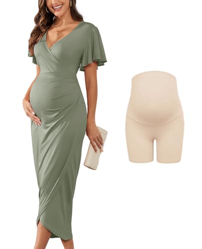 AISWI 2025 Damen-Umstandskleid, Wickelkleid, V-Ausschnitt, Rüschenärmel, halbformell, Babyparty, Fotoshooting, Party, Cocktail, Schwangerschaft,...