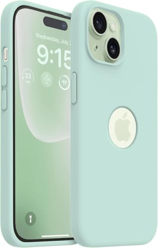Image of VONZEE Microfiber Logo Cut Cover Compatible for iPhone 15 Case Liquid Silicone Cases Full Body 4 Layer Protective Covers Shockproof Back Cover with High Raised Camera Lips (6.1 inch, Mint Green)