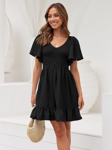 Image of LILLUSORY Women's Flowy Casual Mini Dresses 2026 Summer Graduation Smocked V Neck Vacation Dress Dress with Pockets