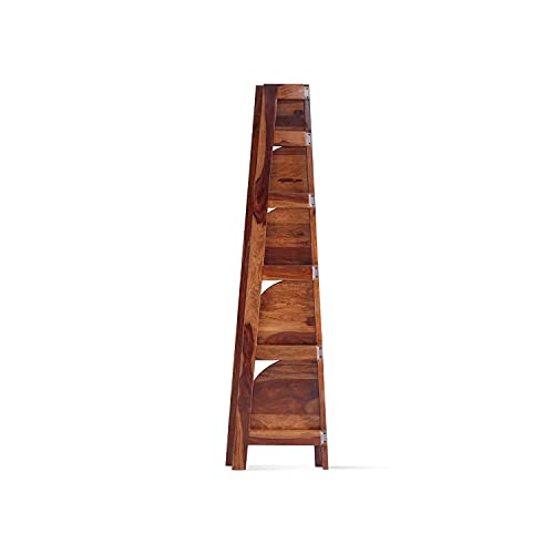 Image of Solid Sheesham Wooden Corner Bookshelf for Living Room Floor Standing Corner Book Shelf 5 Tier Ladder Cabinet Corner Shelf for Home Decor|Bookshelf for Home | Brown Finish