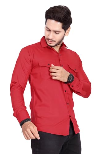 Image of Men's Cotton Spread Collar Full Sleeve Regular Fit Solid Casual Shirt with Double Pockets - Stylish Comfortable Shirt for Everyday Wear
