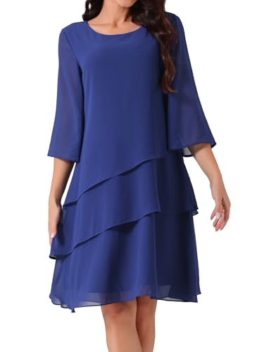 Image of Seta T Women's Chiffon Dresses 3 /4 Bell Sleeve Crewneck Tiered Layered Flowy Dress Party Wedding Outfits