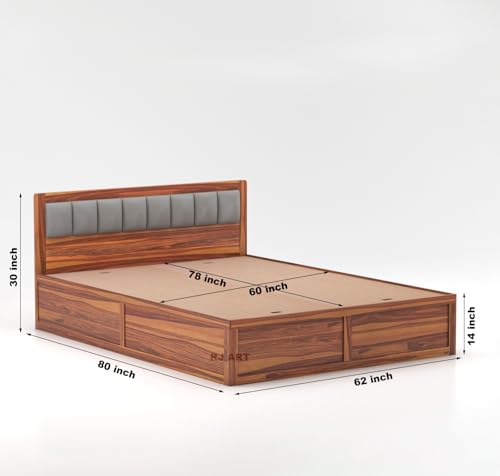 Image of Wooden Queen Size Bed with Storage | Double Bed Cot Bed with Box Storage & Upholstered Cushioned Headboard for Bedroom | Sheesham Wood, Teak Finish, Recommended Mattress | Size: 78 X 60