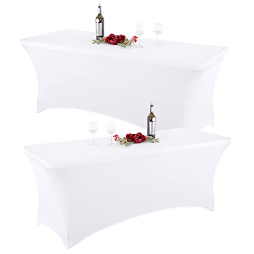 NSSONBE 2 Packs Nappe de Table Elastique Blanche - Housse de Table en Spandex pour 180cm Nappe Table rectangulaire, Lavable en Machine Nappes Fête Mariage Buffet Rectangulaires