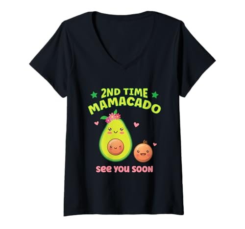 Women's Mamacado Mom of Two Kids 2nd Time Baby Announcement V-Neck T-Shirt
