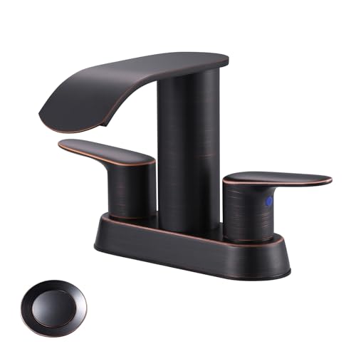 WOWOW Waterfall Bathroom Sink Faucet,Oil Rubbed Bronze Two Handles Bathroom Faucet with Metal Pop up Sink Drain Stopper, 2 or 3 Holes Bathroom Basin Lavatory Mixer Tap with Deck Mount Plate