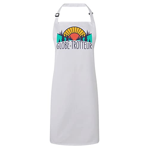 Tablier de cuisine blanc Globe-Trotteur en coton premium pour passionnés de voyage et d'aventure