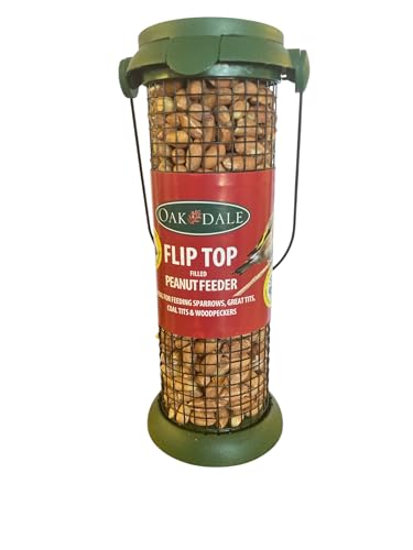 Oakdale Flip Top Peanut Bird Feeder | Hanging Wild Bird Feeder | Includes Premium Peanuts | Easy Flip Lid Refill | Attracts Woodpeckers and Nuthatches | Garden UK