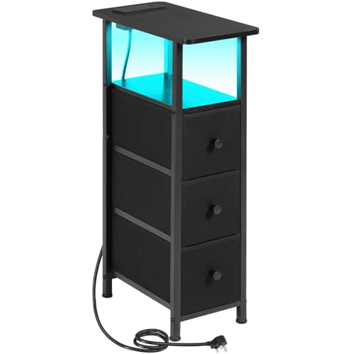 LOAKEKEL Slim Bedside Table with Charging Station, Narrow Side Table with LED Light, Small Sofa Table with 3 Fabric Drawers, End Table, Nightstand for Small Spaces, Living Room, Black UHETNDP03LBK-1