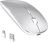 RaceGT Wireless Mouse USB C & USB A, Rechargeable Laptop Mouse, Portable Lightweight Optical Design, Quiet Click, Long Battery Life, Adjustable DPI for PC, Desktop, Chromebook, Mac, Notebook - Silver