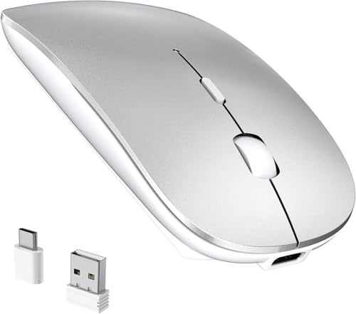 RaceGT Wireless Mouse USB C & USB A, Rechargeable Laptop Mouse, Portable Lightweight Optical Design, Quiet Click, Long Battery Life, Adjustable DPI for PC, Desktop, Chromebook, Mac, Notebook - Silver