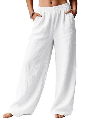 LOMON Linen Pants Women Wide Leg Palazzo Summer Flowy Pants Beach Vacation Clothes Elastic Waist Travel Trousers with Pockets2
