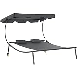 Outsunny Patio Double Chaise Lounge Chair, Outdoor Wheeled Hammock Daybed with Adjustable Canopy and Pillow for Sun Room, Garden, or Poolside, Grey