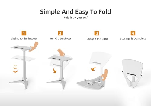Image of Claiks Mobile Standing Desk, Portable Rolling Workstation With Wheels, Pneumatic Height Adjustable Sit-Stand With 90 Tiltable, Foldable Non-Slip Computer Stand, White