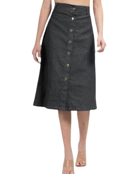 Image of Straight Stylish Comfortable Long Two Button Up Slit Dobby Denim Skirt for Women & Girls
