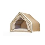 JQQJペットハウス猫 ハウスキャットハウス 小型犬ベッド クッション付き 洗える 組み立て簡単 木製 かわいい おしゃれ通気性いい 暑さ対策 (カーキ,L)