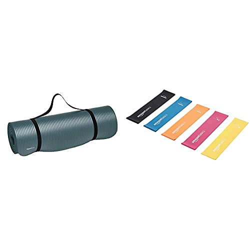 Image of amazon basics 13Mm Extra Thick Yoga And Exercise Mat With Carrying Strap, Steel And Latex Resistance Band - 600Mm, 5-Piece Set