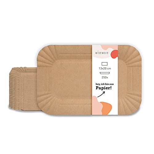 wiseware Lot de 250 assiettes jetables en carton marron - Rectangulaires - 13 x 20 cm - Assiettes à snacks - Carton à gâteau - Assiettes jetables - Assiettes de fête bio Cover