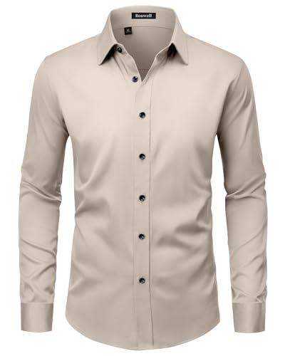 ROUWELL Tan Dress Shirt Men Long Sleeve Wrinkle Free Stretch Non Iron Wedding Party Prom Button Down Shirts L