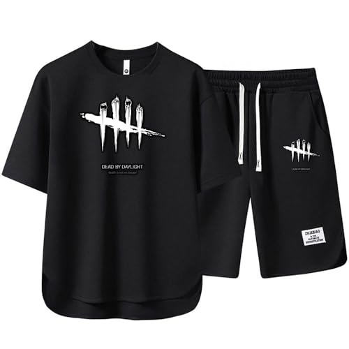 Herren T-Shirt Und Shorts Dead Daylight Bedrucktes, Sommer Leichte 2-Teiliges Set Outfit Trainingsanzug Freizeitanzug Jogginganzug Herren Mode Casual Sportbekleidung,Black-L