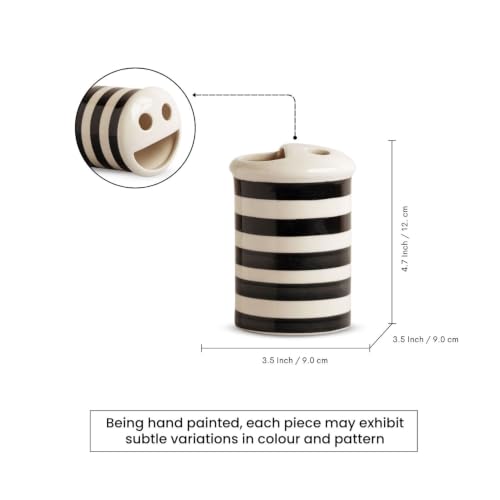 Image of ExclusiveLane 'Monochrome Lines' Hand-Painted Ceramic Bathroom Accessories Set of 2 (Liquid Soap Dispenser for Wash Basin, Paste & Toothbrush Holder) |Handwash Dispenser |Bathroom Organiser Set