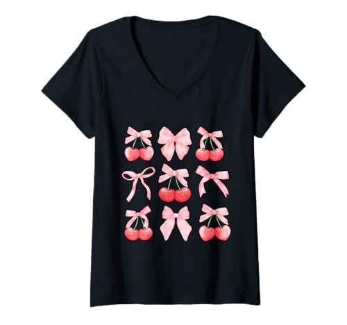 Mujer Coquette Aesthetic Pink Bow and Red Cherries Girls Kids Camiseta Cuello V