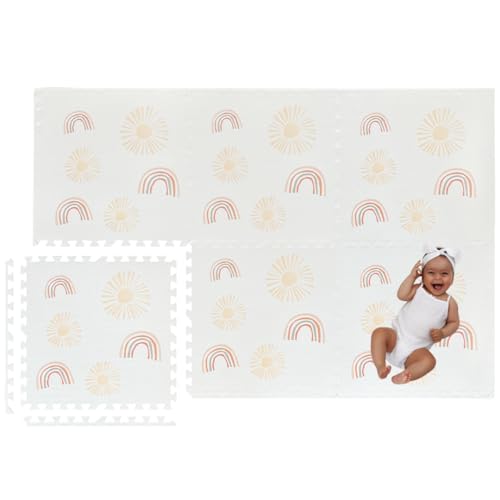 Image of Simple Kid Co. Play Mat for Baby, Toddler and Infants, Six Interlocking Tiles Made with Soft Non-Toxic EVA Foam, 4x6 feet (Sunshine & Rainbows (Cloud White))