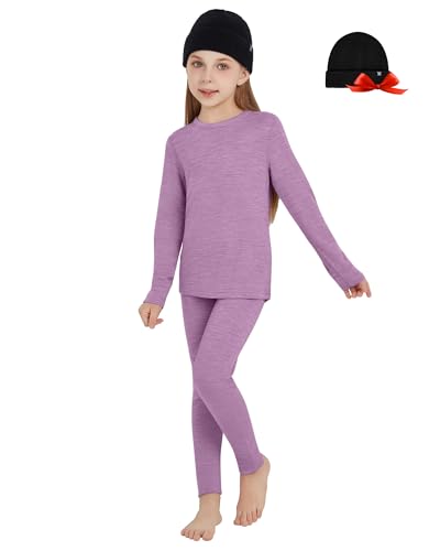 woolcano Unisex Kids 100% Merino Wool Base Layer Sets - Lightweight Thermal Underwear Gifts Pack with Wool Beanie Violet 9-10