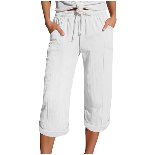 YBEBEWE Sommerhose Damen Leicht Leinenhose Damen Sommer 3/4 Musselin Kurze Hose Leicht Leinen Sommerhose Mit Taschen Causal Caprihose Elastische Bequeme Stoffhose Sport Freizeit Strandhose