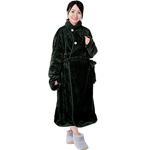 アイリスプラザ fondan 着る毛布 Sサイズ フランネルマイクロファイバー とろけるような肌触り 敬老の日 ギフト 特製BOX入り ポケット・ベルト付 ルームウェア 部屋着 静電気防止 洗える 着丈125cm 無地 モスグリーン