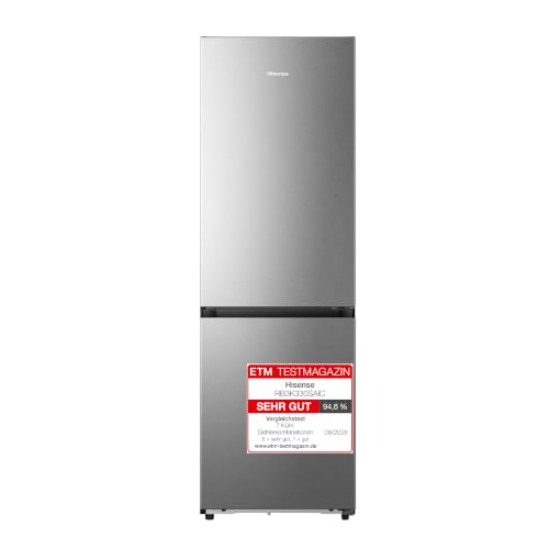 Hisense RB3K330SAIC Kühl-Gefierkombination/Kitchen-Fit/Moisture FreshCrisper/ 0°C Fresh Box/Boden-Kühlsystem/ConnectLife/ 330L(215+115)/ Premium/BxHxT:59,5×187,3×59cm/Edelstahl [Energieklasse C]