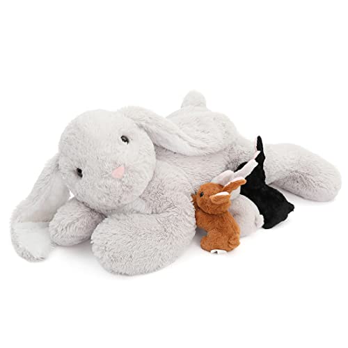 MorisMos Pascua 60 cm: Conejito de Peluche Gris con 3 conejitos de Peluche, Peluches Kawaii, Conejito Muy Suave para niñas y niños, Regalo para Pascua, un cumpleaños