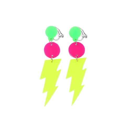 80s Neon Clip on Earrings Non-Piercing for Women Colorful Lightning Acrylic Drop Earrings 80's Party Accessories